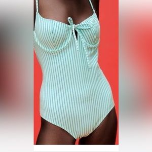 Zara Mint Green Striped One Piece Swimsuit